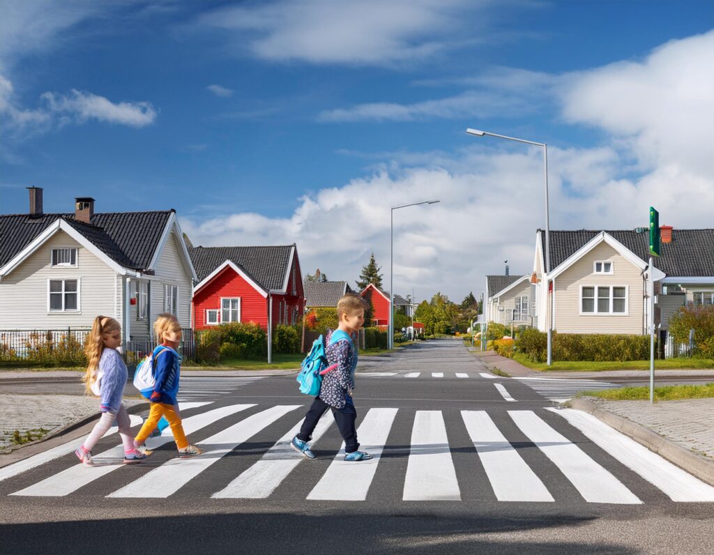 Tekoälyllä generoitus kuvituskuva lapsista ylittämässä suojatietä